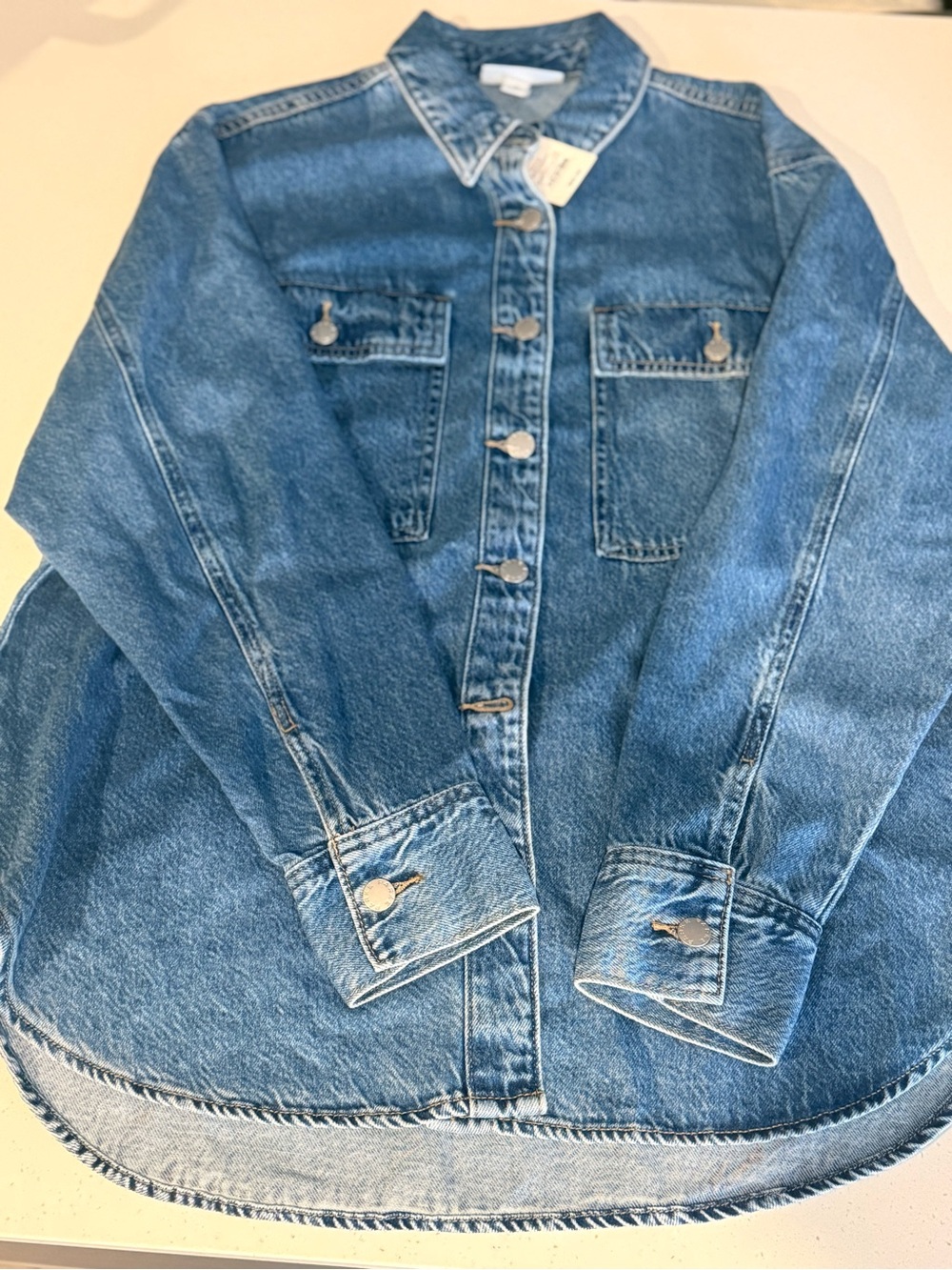 PARKE- Classic Denim Button-Up Shirt Jacket - Medium Wash Blue